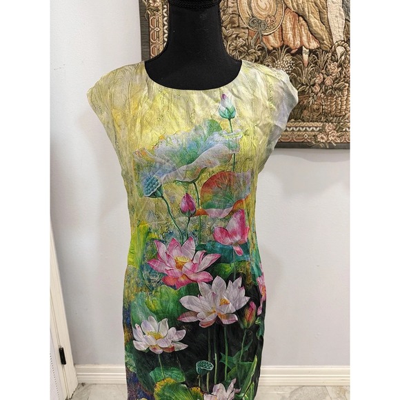 Lez‎ a Lez Silk Dress Womens Medium Multicolor Lotus Floral Sleeveless Sheath - Picture 2 of 9